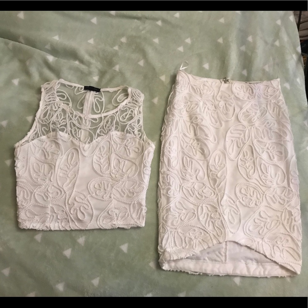 White two piece, crop top with skirt